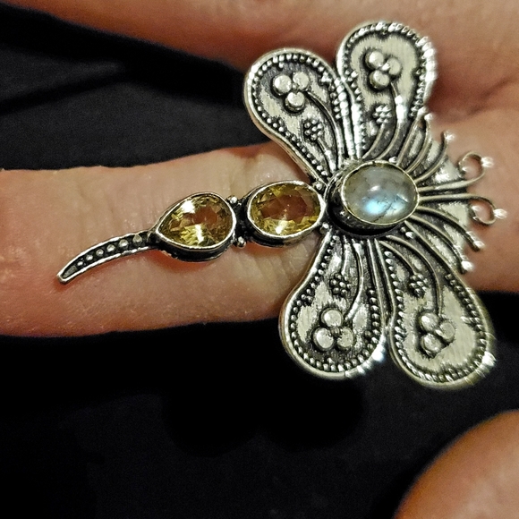 New Rainbow Moonstone & Citrine 925 Silver Dragonfly Ring. - Picture 11 of 12
